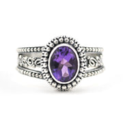 Silver Amethyst 6x8mm Oval 3 Band Scroll Ring