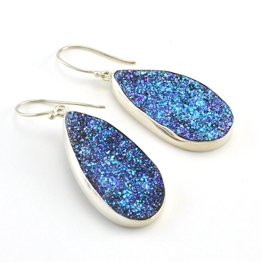 Sterling Silver Blue Druzy Agate Large Tear Dangle Earrings