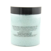 Jar of bath scrubwith a black lid on a white background
