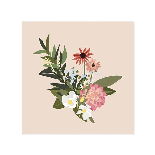 Floral arrangement with green leaves and colorful flowers on a beige background