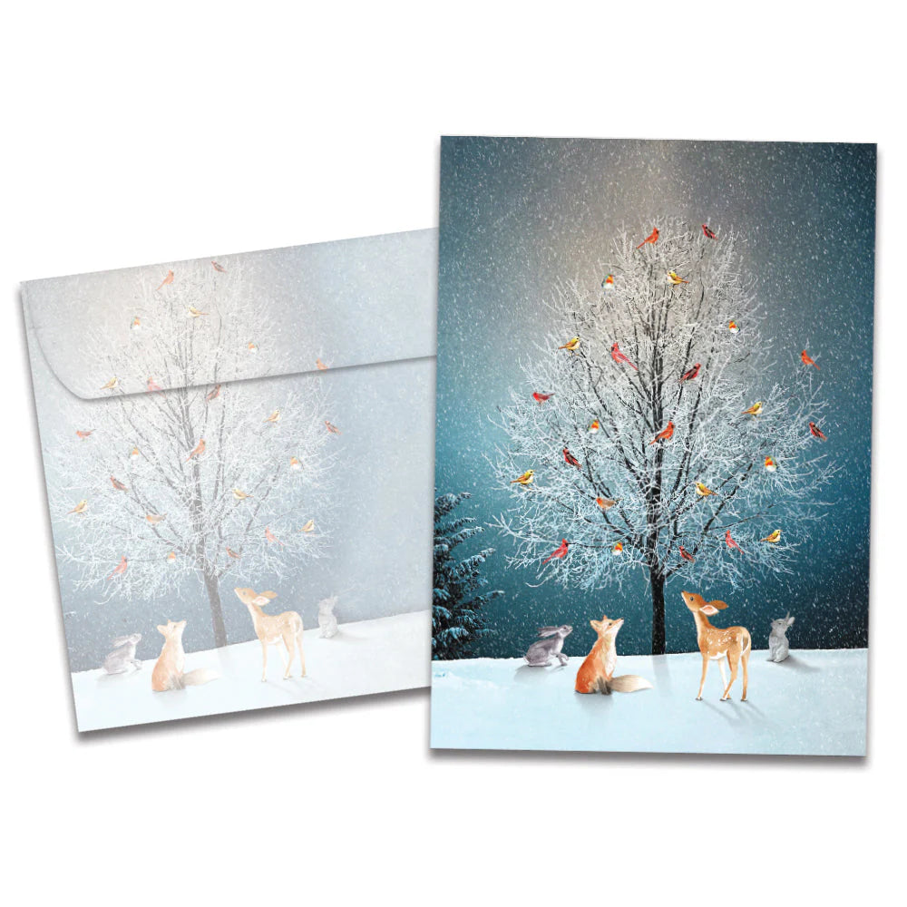 Winter scene with deer and birds on a greeting card and envelope set.