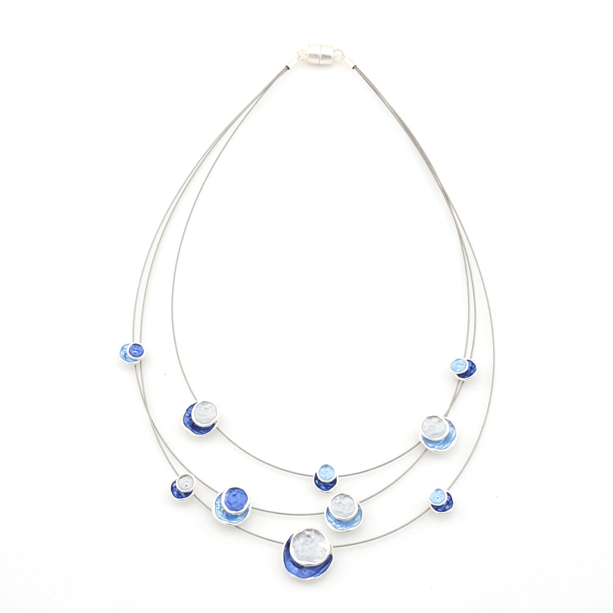 Necklace with blue and clear circle beads on a white background