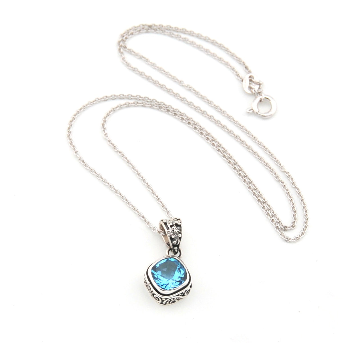 Blue Topaz 8mm Offset Square Bali Necklace