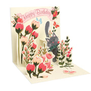 Pop-up birthday card with flowers and a cat illustration