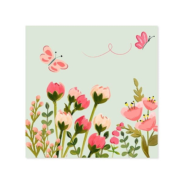 Floral design with pink flowers and butterflies on a light green background