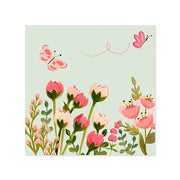 Floral design with pink flowers and butterflies on a light green background