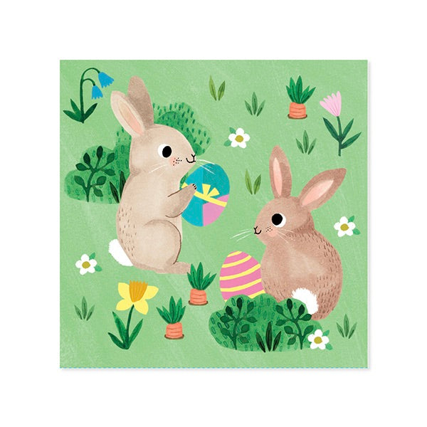Illustration of two bunnies with Easter eggs and flowers on a green background