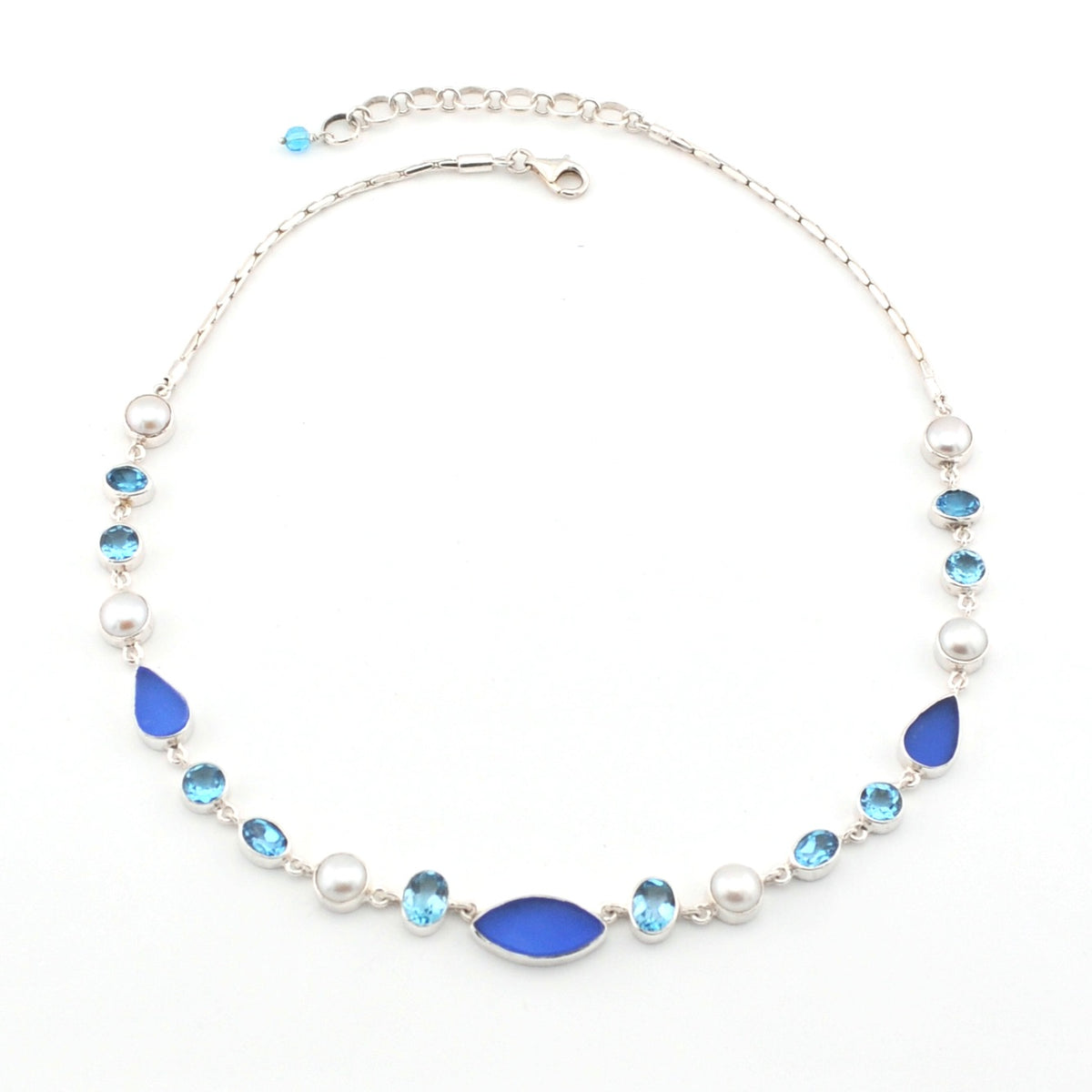 Sterling Silver Cobalt Sea Glass Blue Topaz Pearl Necklace