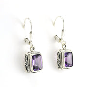 Side View Sterling Silver Amethyst 6x8mm Rectangle Bali Dangle Earrings