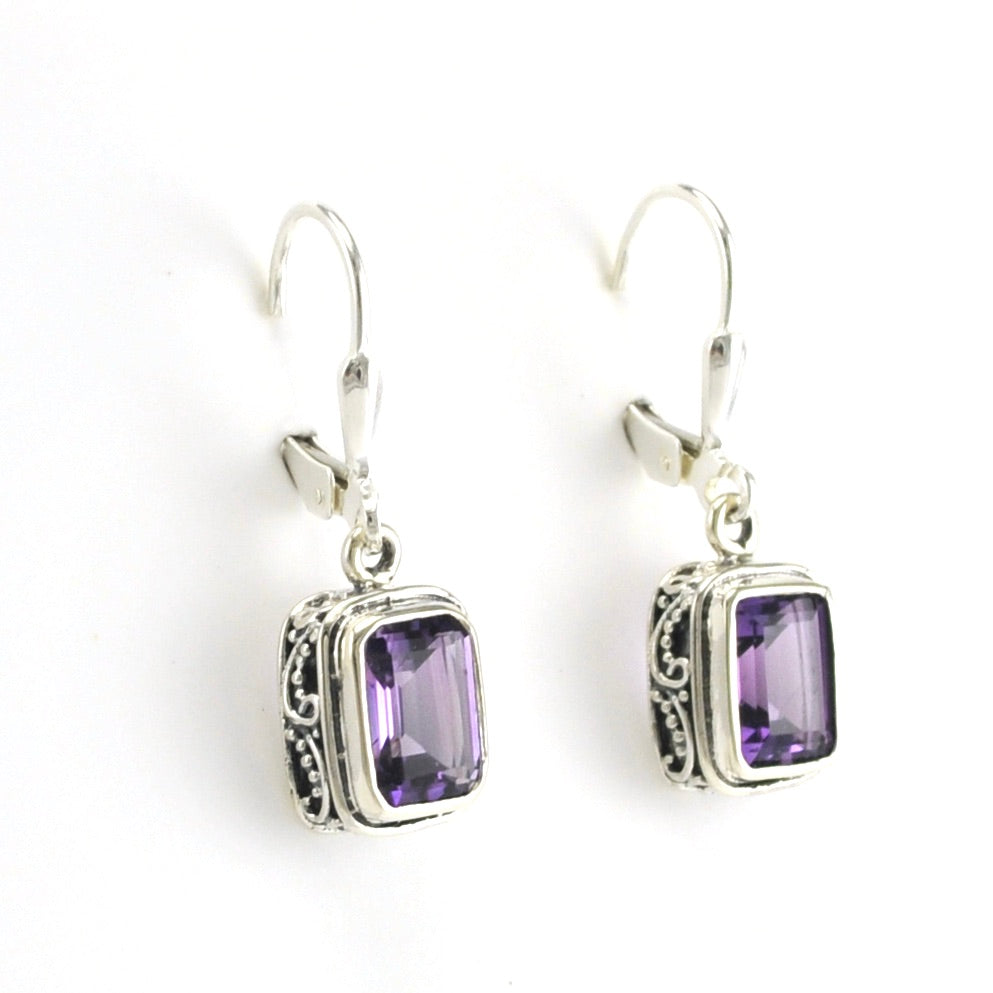 Side View Sterling Silver Amethyst 6x8mm Rectangle Bali Dangle Earrings