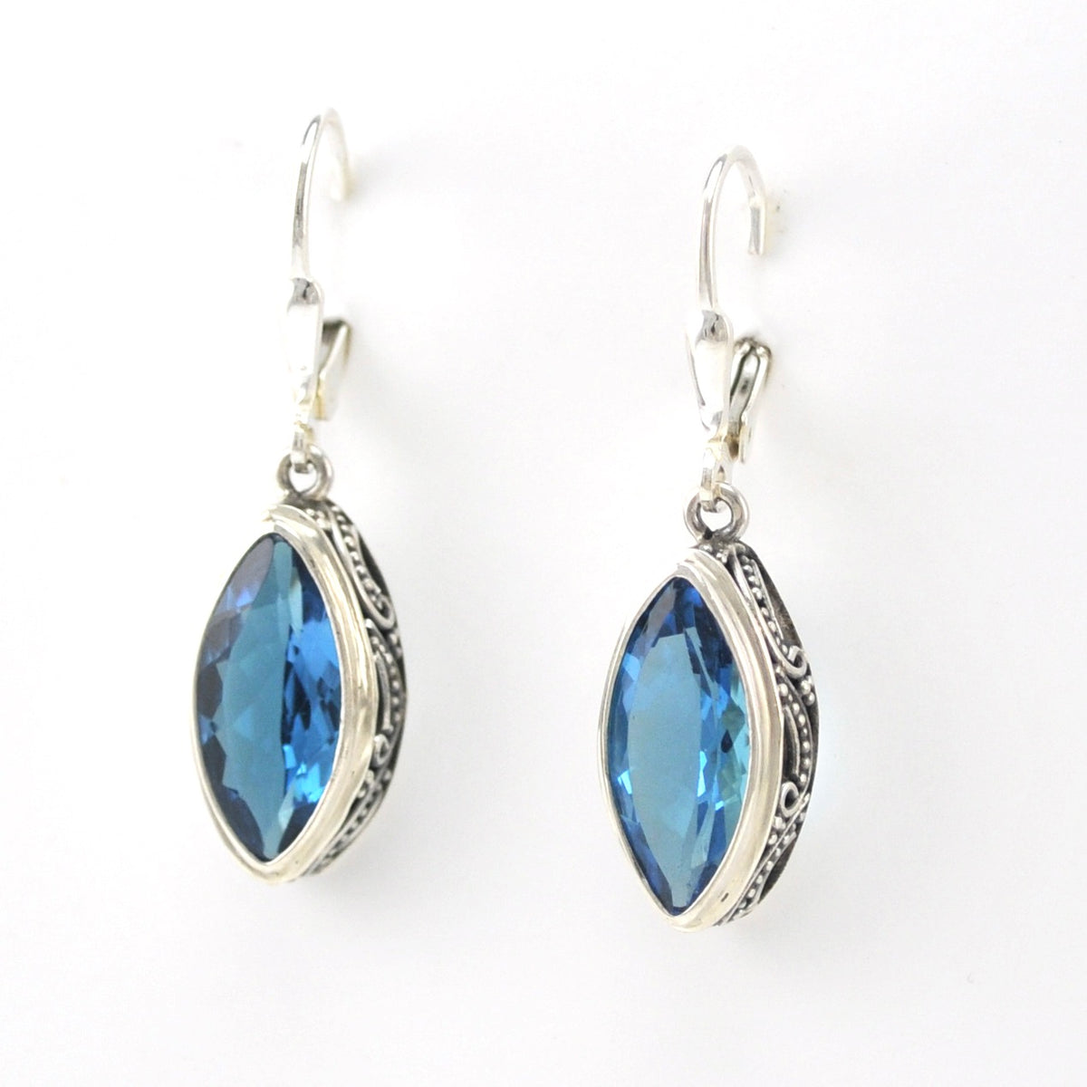 Side View Silver Blue Topaz 7x14mm Marquise Bali Dangle Earrings