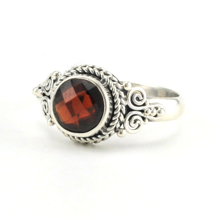 Sterling Silver Garnet 7mm Round Bali Ring