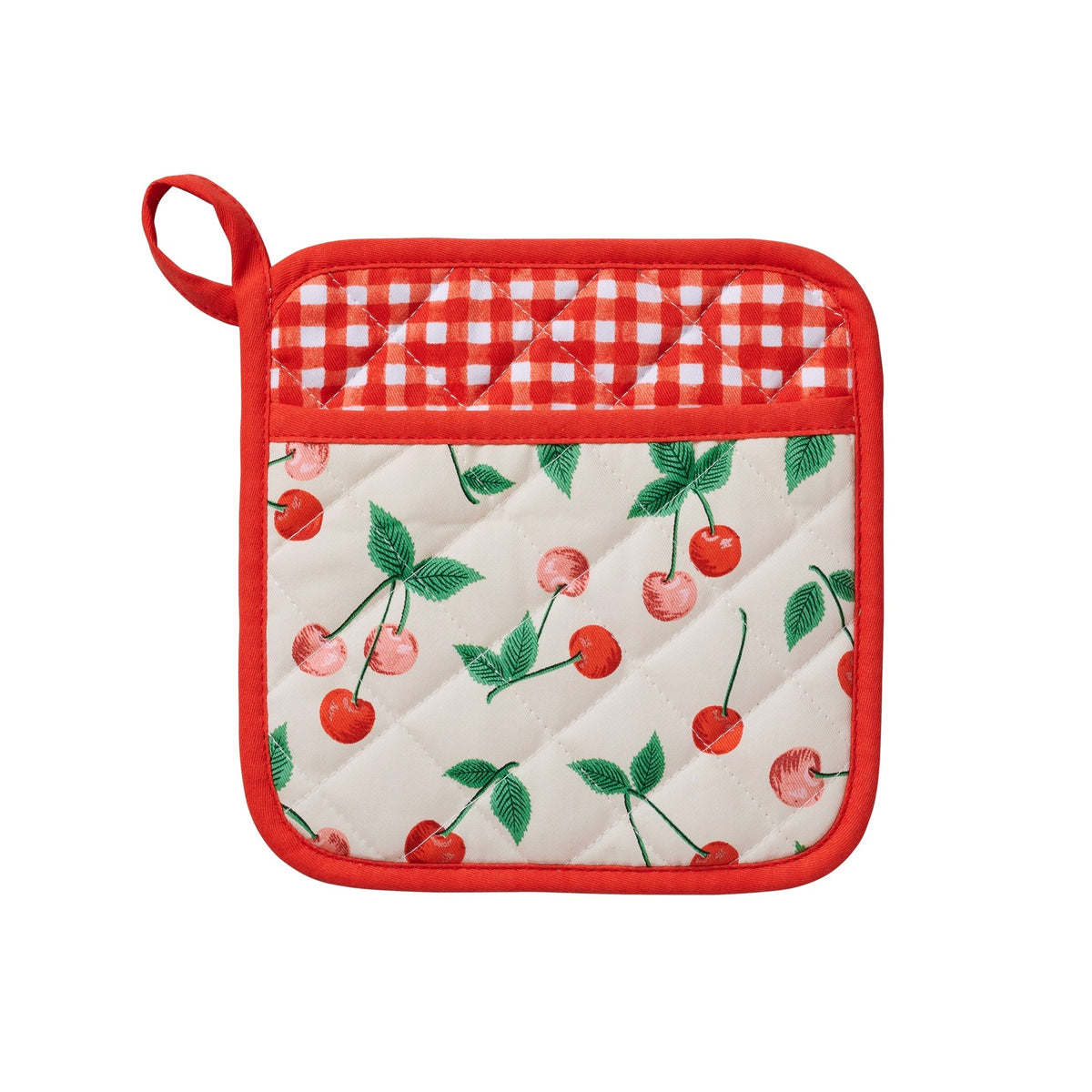 Quilted pot holder with cherry pattern on a white background