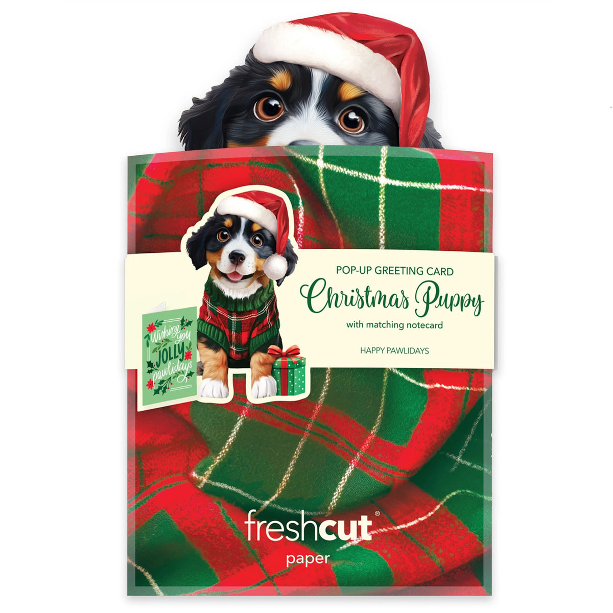 Pop-up greeting card with a Christmas puppy design, featuring a dog wearing a Santa hat and plaid blanket.