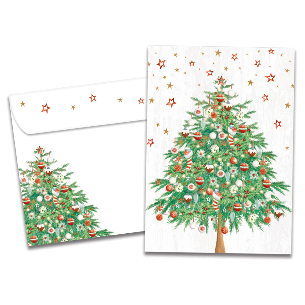 Christmas card with a decorated tree design on a white background