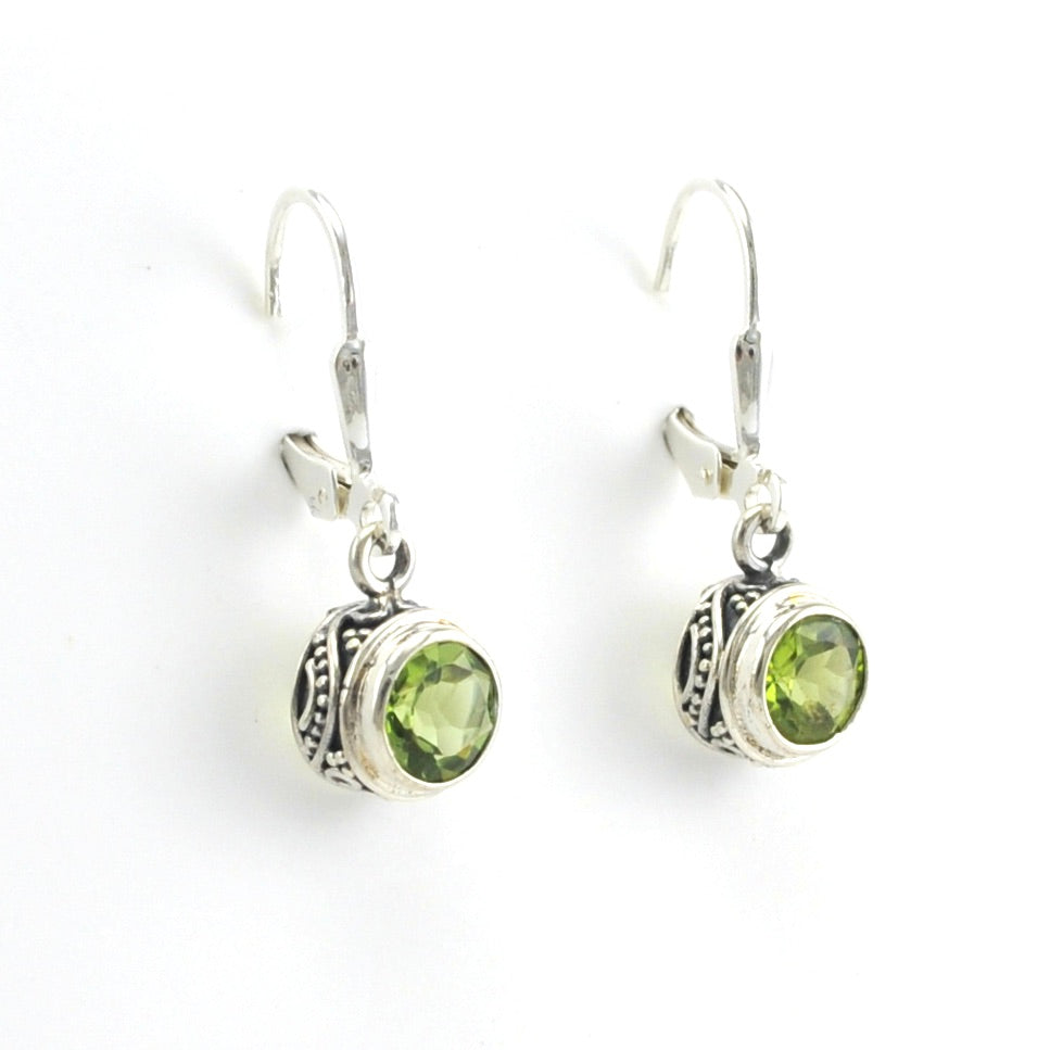 Side View Sterling Silver Peridot 6mm Round Bali Dangle Earrings