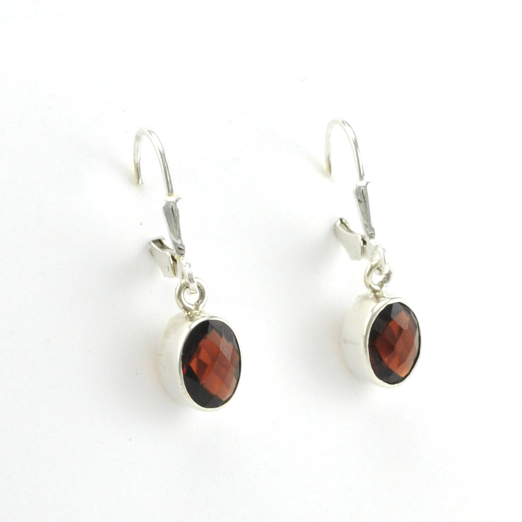 Side View Sterling Silver Garnet 6x8mm Oval Dangle Earrings