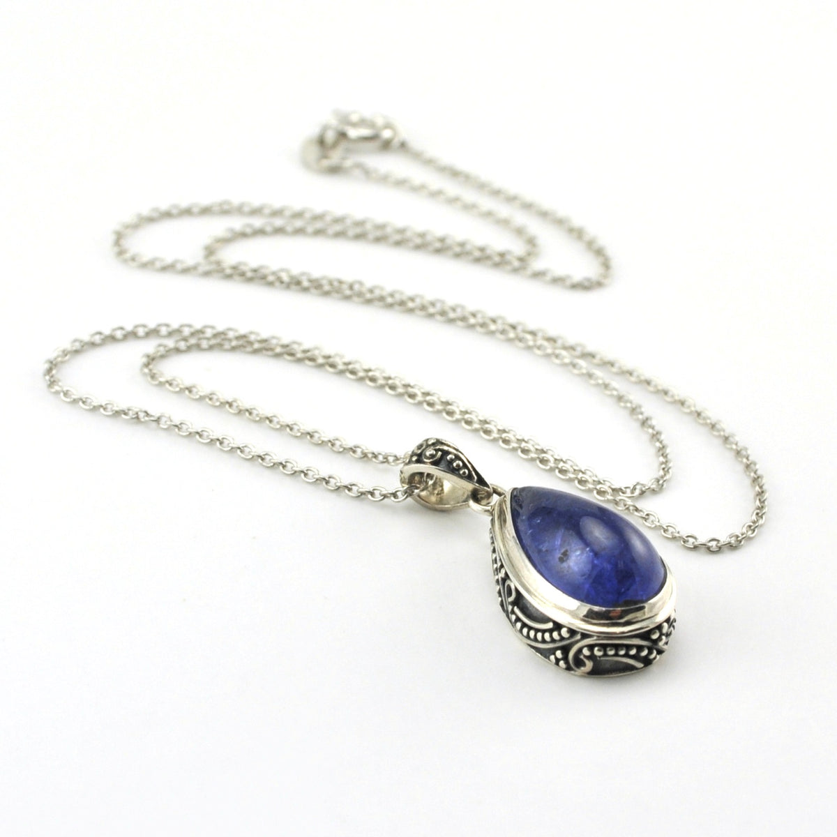Close Up Sterling Silver Tanzanite 9x14mm Cabochon Tear Bali Necklace