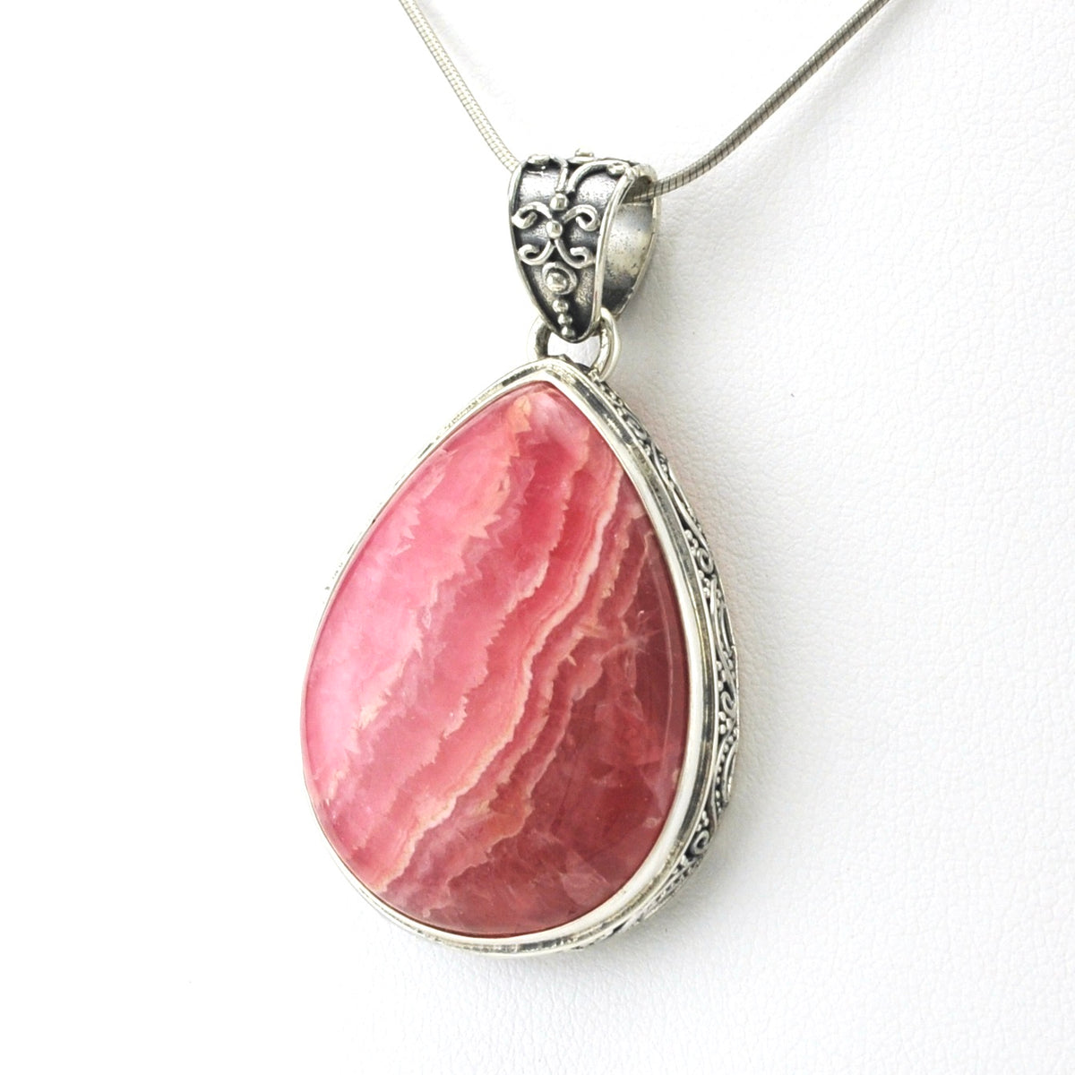 Sterling Silver Rhodochrosite 24x32mm Tear Bali Pendant