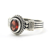 Sterling Silver Garnet 6x8mm Oval Bali Ring