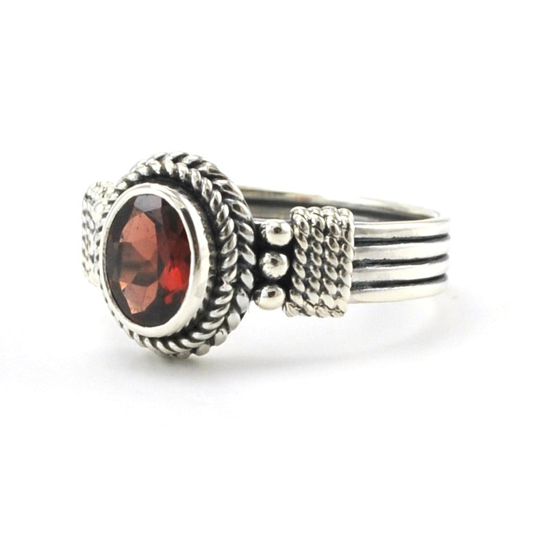 Sterling Silver Garnet 6x8mm Oval Bali Ring