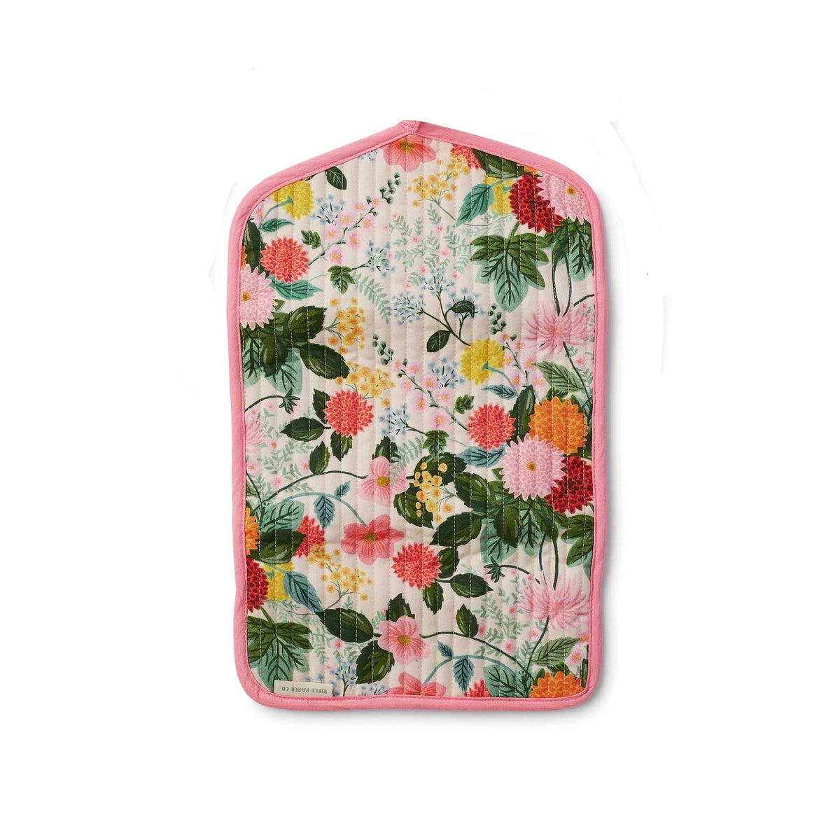 Floral-patterned hot water bottle cover with pink trim on a white background