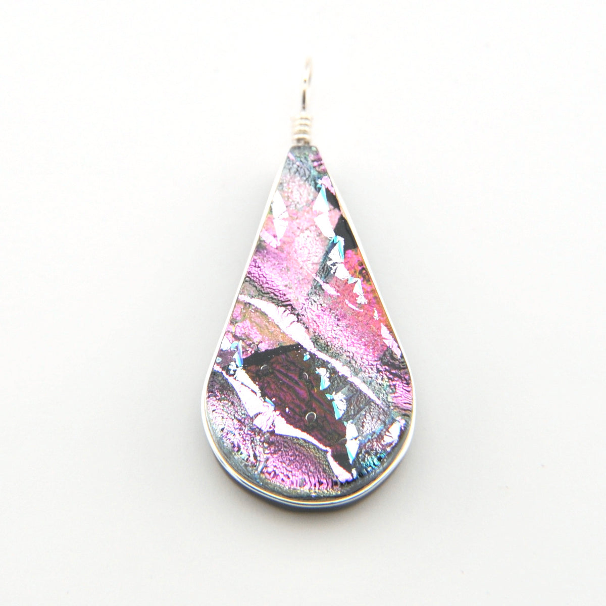 Teardrop-shaped pendant with multicolored abstract design on a white background
