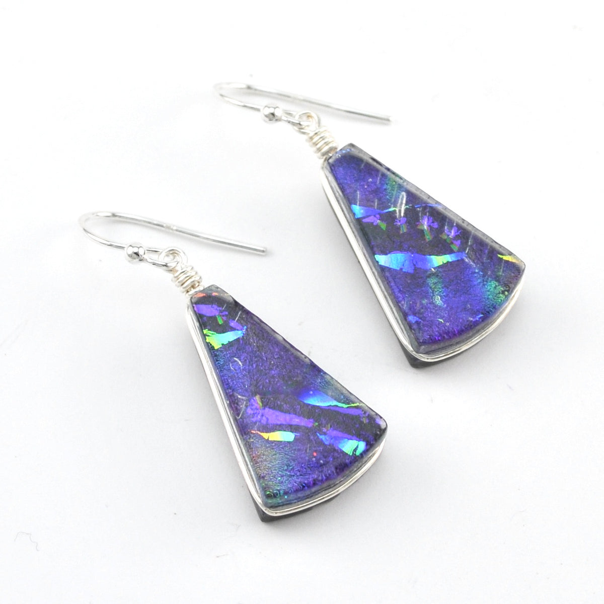 Dichroic Glass Purple Rainbow Fan Dangle Earrings