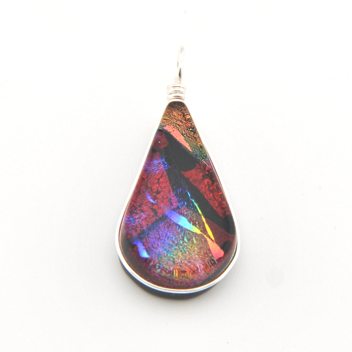 Teardrop-shaped pendant with multicolored iridescent finish on a white background