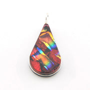 Teardrop-shaped pendant with multicolored iridescent pattern on a white background
