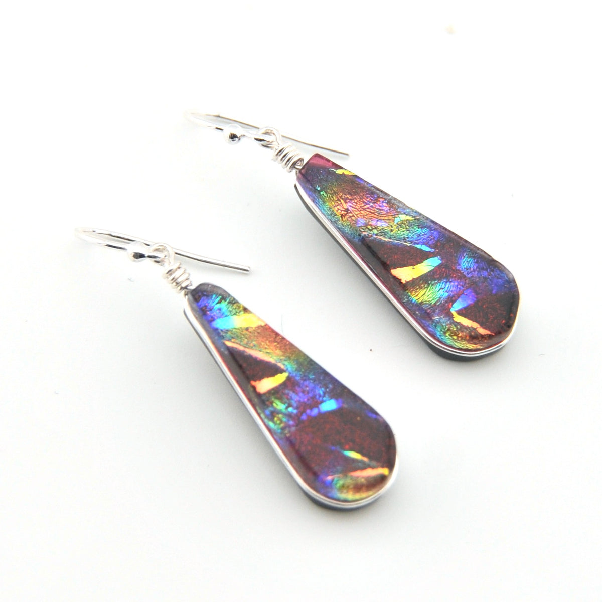 Dichroic Glass Rainbow Red Tear Earrings