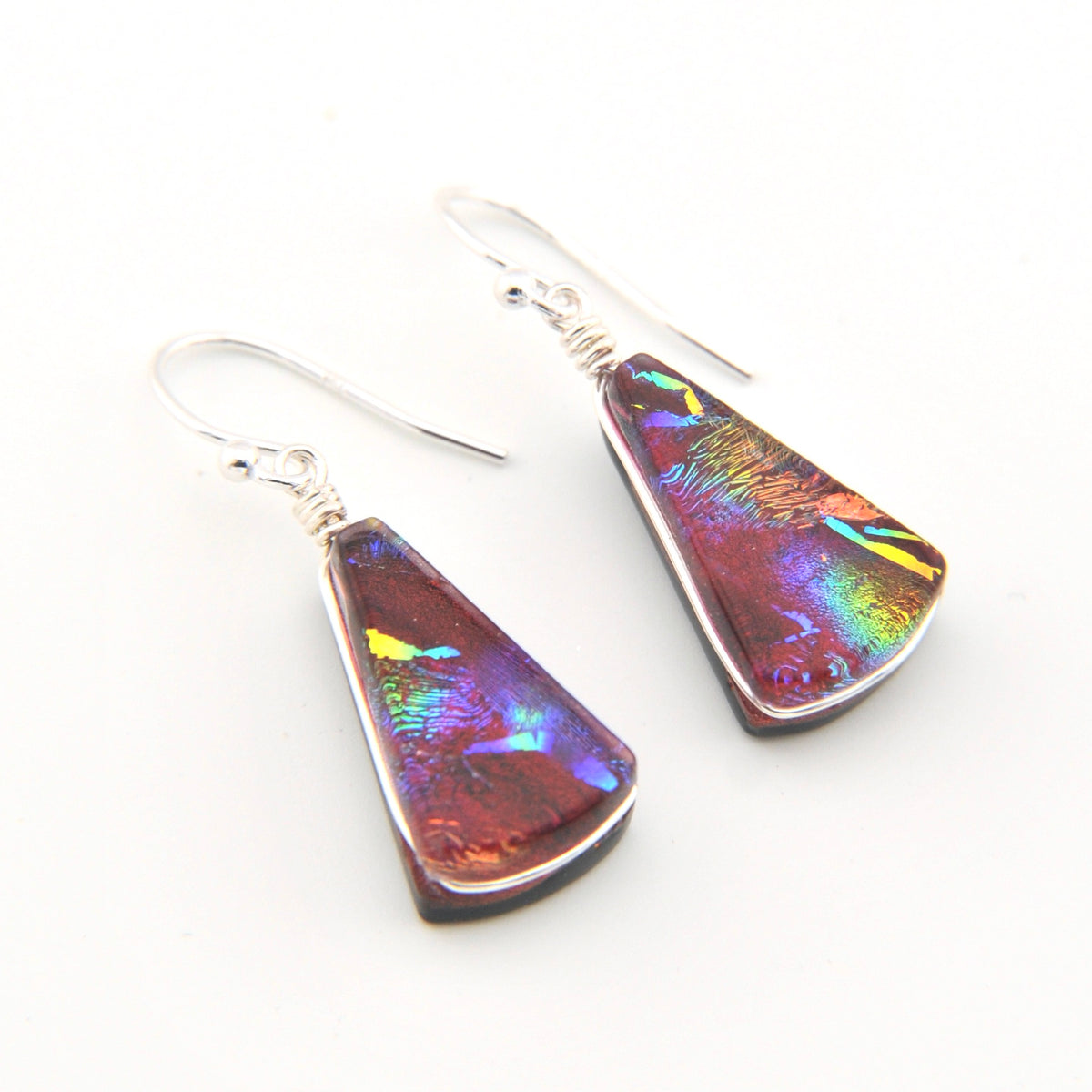 Dichroic Glass Red Rainbow Fan Dangle Earrings