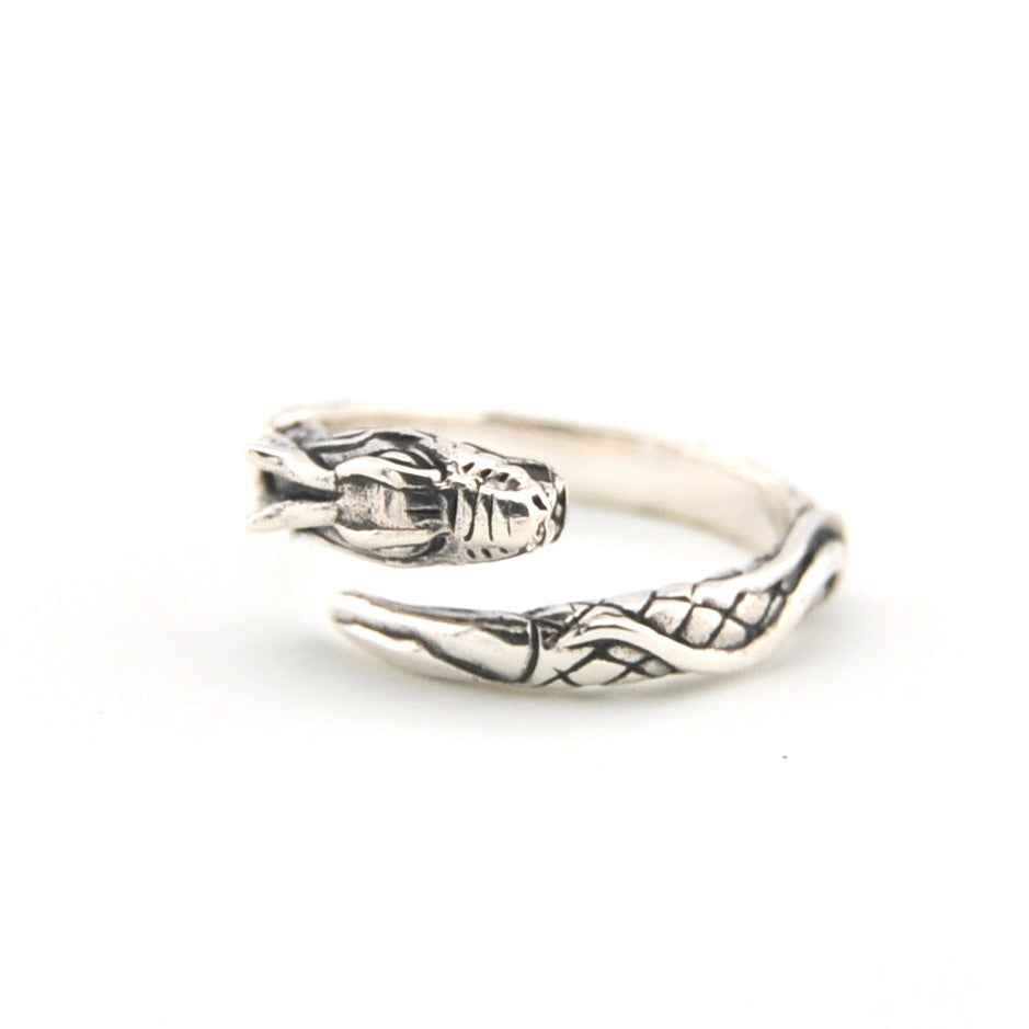 Silver ring with dragon design on a white background