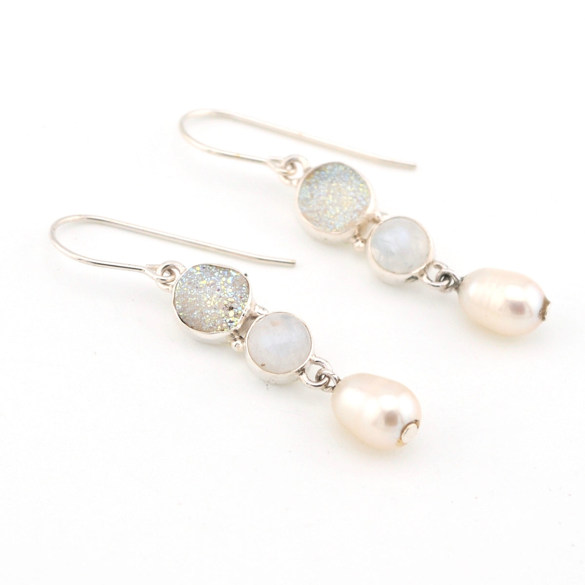 Druzy Moonstone Pearl Dangle Earrings
