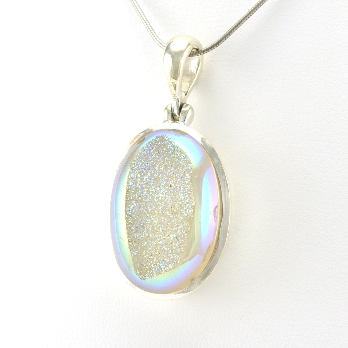 Sterling Silver Opal Druzy Agate Oval Pendant