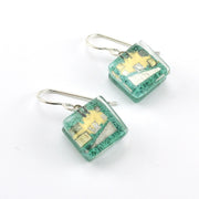 Glass Aqua Golden Phase Cube Earrings