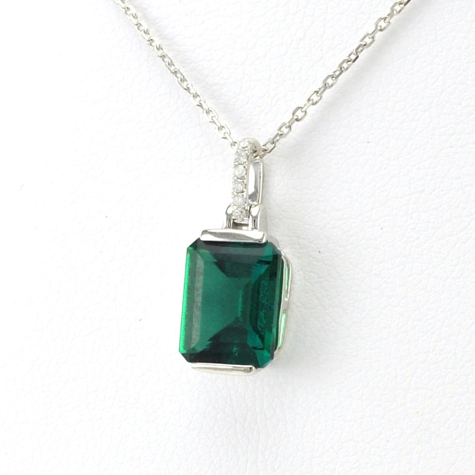 Sterling Silver Created Emerald 2ct Rectangle Diam .03 Necklace