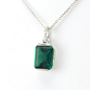 Sterling Silver Created Emerald 2ct Rectangle Diam .03 Necklace