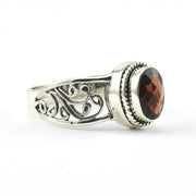 Side View Sterling Silver Garnet 6x8mm Oval Scroll Ring