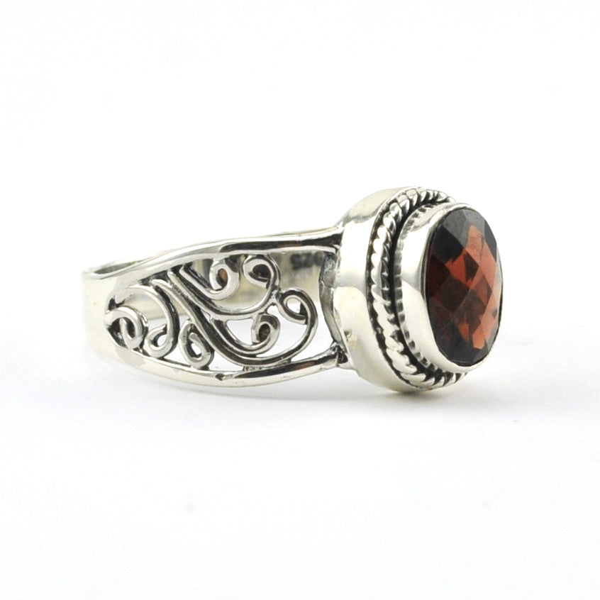 Side View Sterling Silver Garnet 6x8mm Oval Scroll Ring