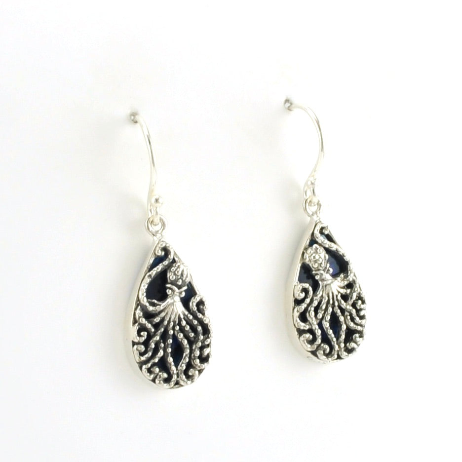 Alt View Sterling Silver Blue Abalone Octopus Small Earrings