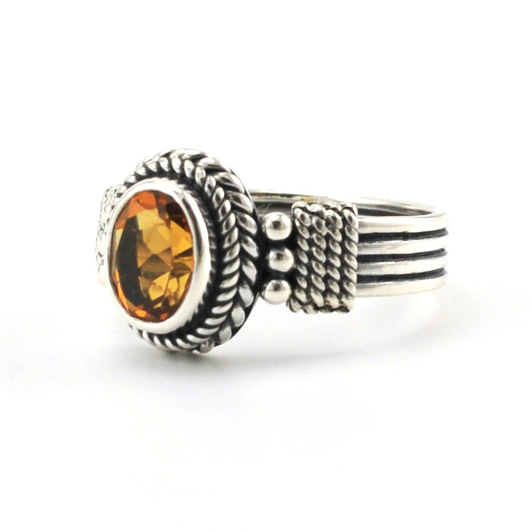 Sterling Silver Citrine 6x8mm Oval Bali Ring