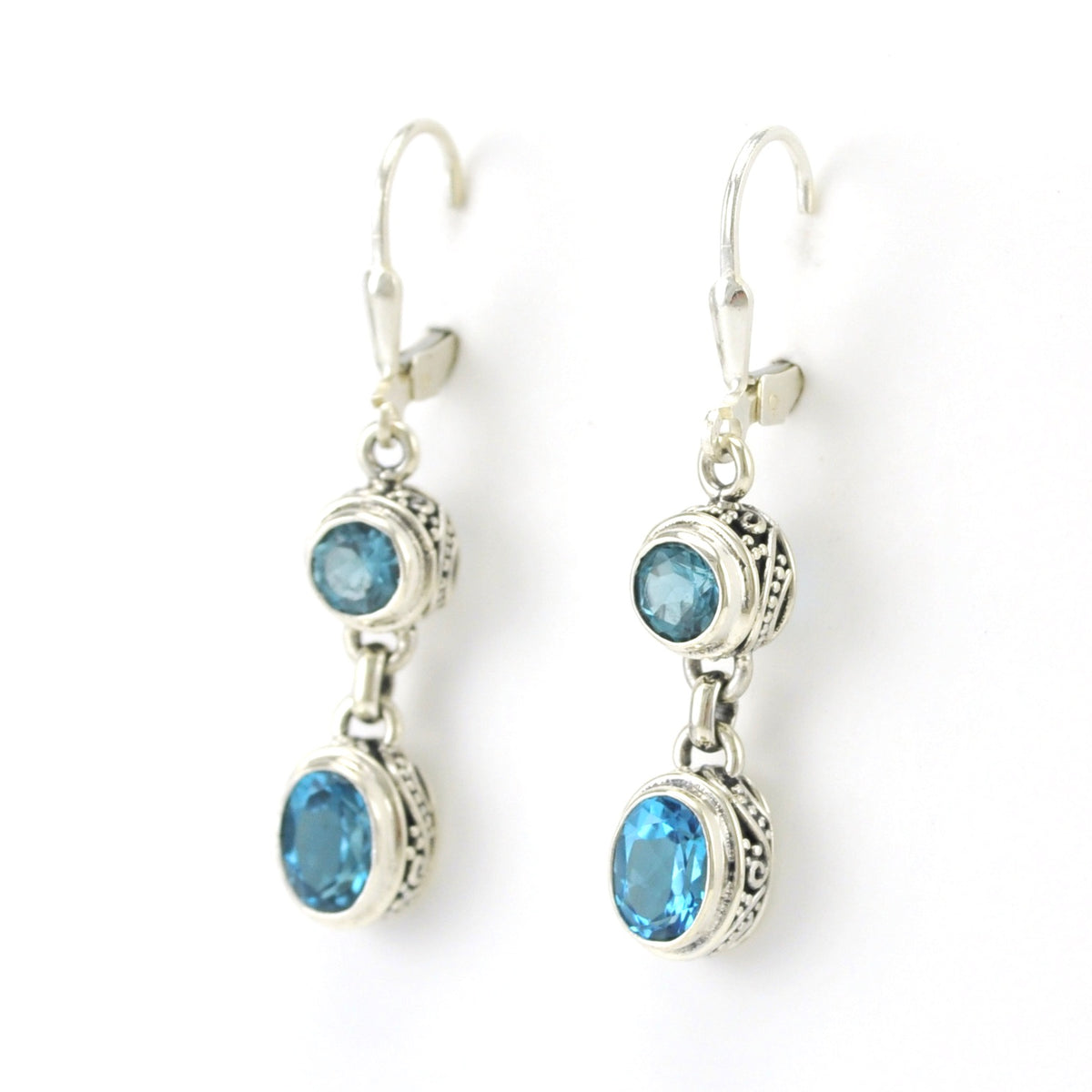 Side View Sterling Silver Blue Topaz Round Oval Bali Dangle Earrings