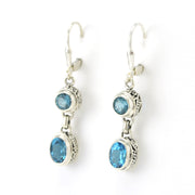 Side View Sterling Silver Blue Topaz Round Oval Bali Dangle Earrings