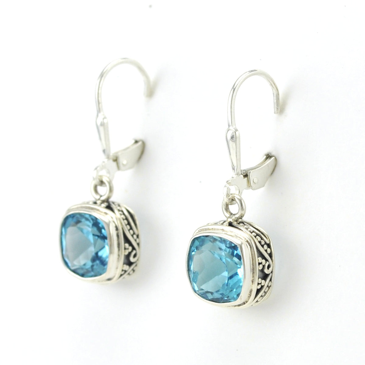Alt View Sterling Silver Blue Topaz 8mm Square Bali Dangle Earrings