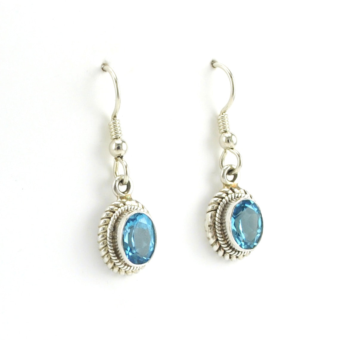Side View Sterling Silver Blue Topaz 6x8mm Oval Dangle Earrings