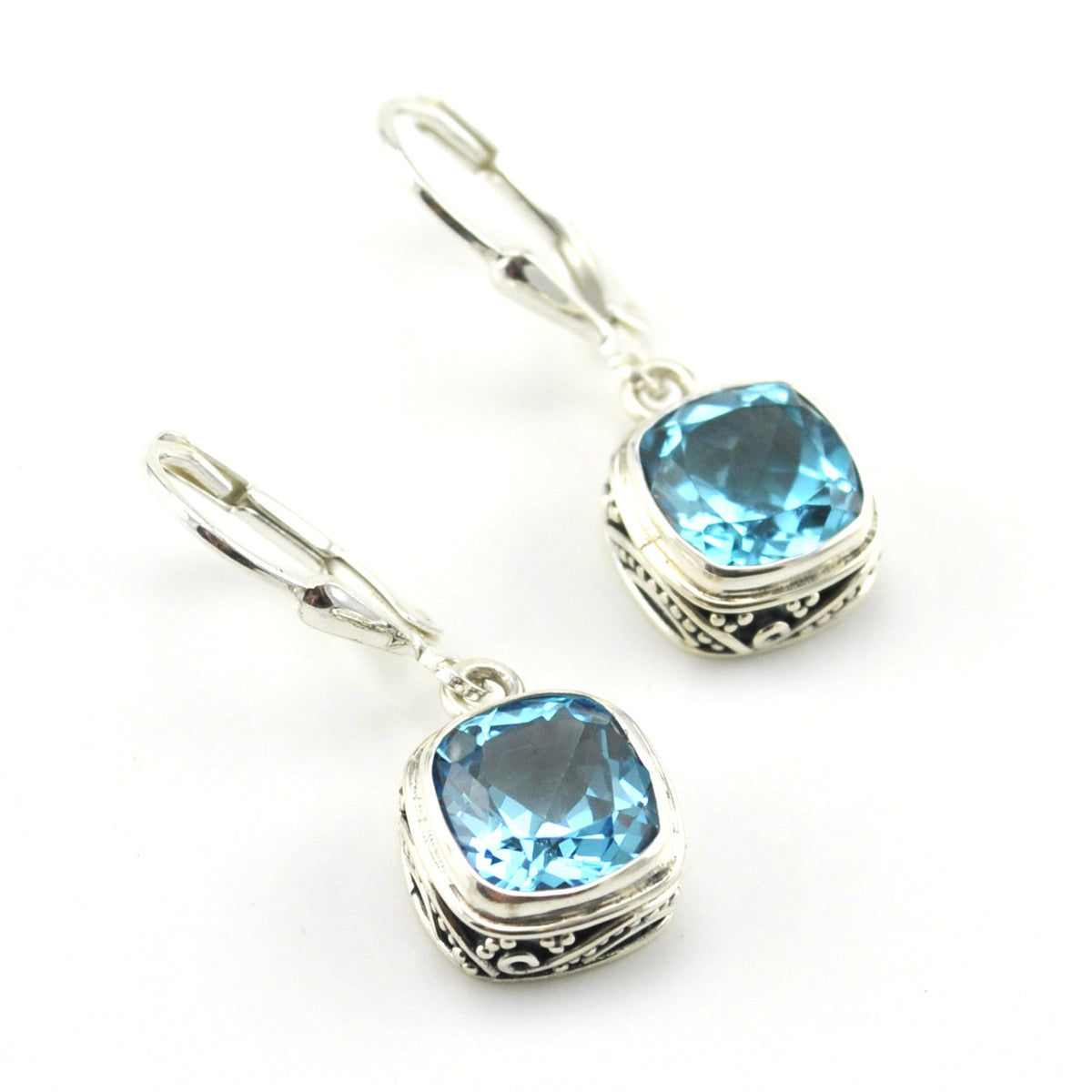 Sterling Silver Blue Topaz 8mm Square Bali Dangle Earrings