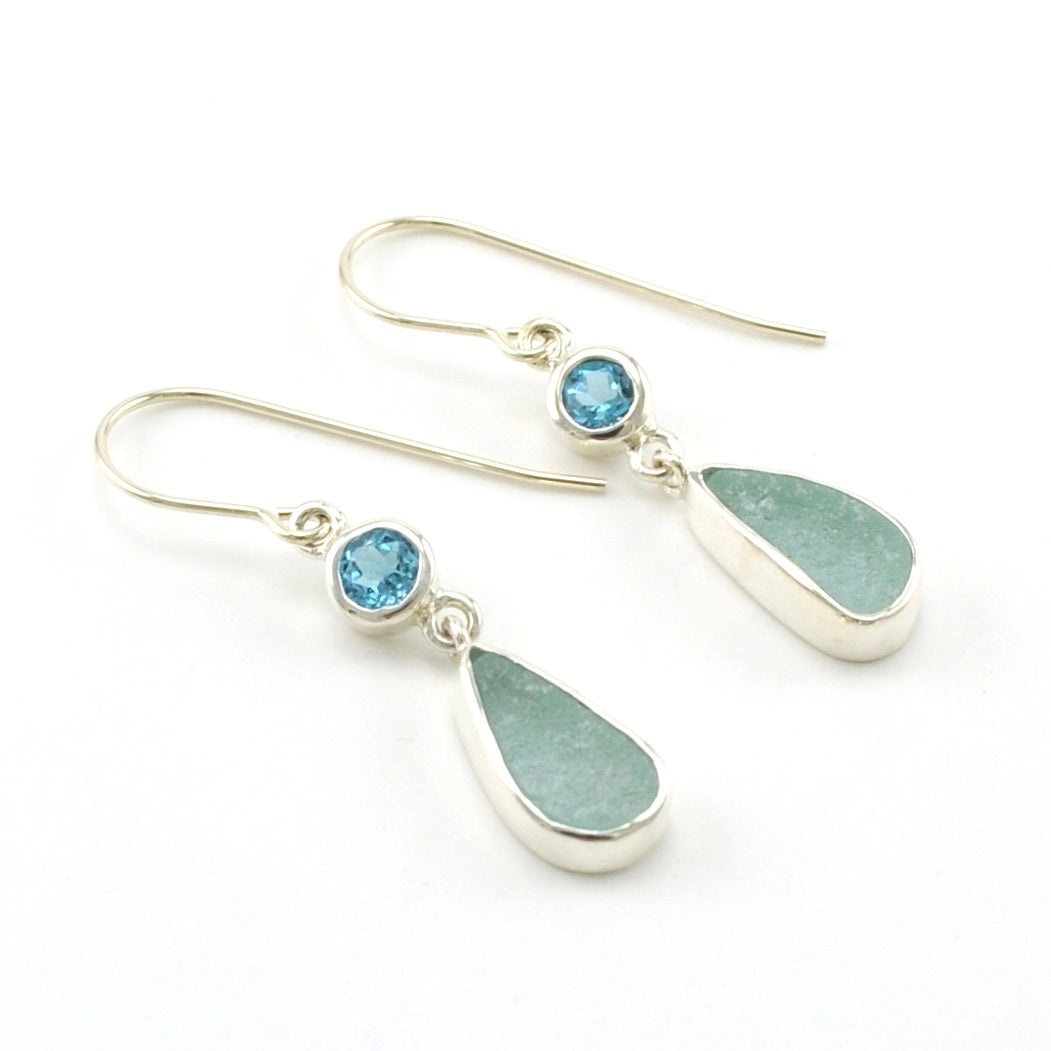 Sterling Silver Blue Topaz Aqua Sea Glass Earrings