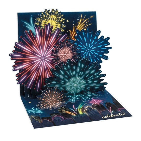 Pop-up card with colorful fireworks design on a white background