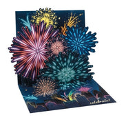 Pop-up card with colorful fireworks design on a white background
